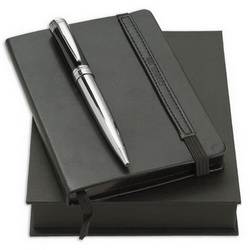 Набор CERRUTI: ручка шариковая и записная книжка, в подарочной коробке, кожа, металл, черный