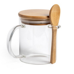Кружка "Комфорт" с крышкой и ложкой, 420 мл. боросиликатное стекло, бамбук, в индивидуальной упаковке