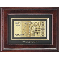 Банкнота 500 Евро в деревянной рамке, сусальное золото 24К, дерево, стекло
