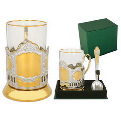 Набор чайный: подстаканник с местом под ЛОГО(никель, позолота), стакан, ложка, в подарочной коробке