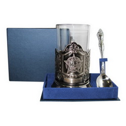 Набор чайный Звезда с гербом РФ: подстаканник(никель, чернение), стакан, ложка, в подарочной коробке