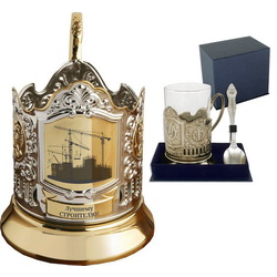 Набор чайный "Строителю": подстаканник (никель, позолота), стакан хрустальный, ложка, в подарочной коробке