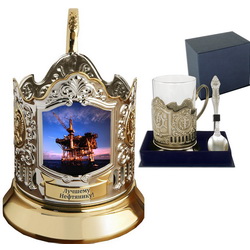 Набор чайный "Нефтянику": подстаканник (никель, позолота, сублимация), стакан хрустальный, ложка, в подарочной коробке