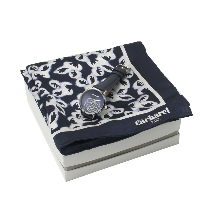 Набор подарочный CACHAREL: наручные часы, кожа, металл, и шелковый платок 65 х 65 см, в подарочной коробке