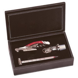 Винный набор, 3 предмета: пробка для шампанского, нож-штопор, термометр, сталь, кожа, дерево