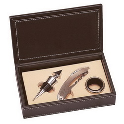 Винный набор, 3 предмета: пробка для шампанского, нож-штопор, капельное кольцо, сталь, кожа, дерево