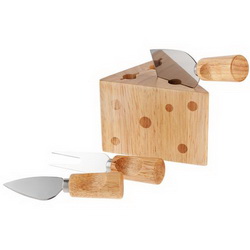 Набор для сыра: подставка для хранения ножей в виде куска сыра, вилка для сыра, нож-лопатка для мягкого сыра, листовидный нож для сыра твердых сортов, дерево, нержавеющая сталь