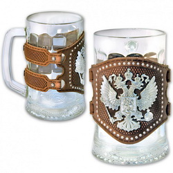 Кружка для пива, накладка из натуральной кожи с Гербом России, 0,5л, стекло