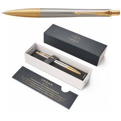 Ручка шариковая Parker Urban Premium, корпус - алюминий анодированный , отделка - сталь, позолота, в подарочной коробке