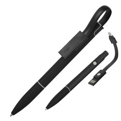 Ручка шариковая с покрытием soft-tuch и кабелем USB 2 в 1, универсальный кабель 2 в 1 подходит для устройств с разъемом Micro-USB и для устройств с разъемом Lightning, алюминий, пластик
