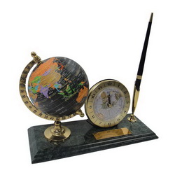Настольный набор с глобусом, часами и ручкой на мраморной подставке, мрамор, металл, пластик