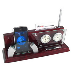Настольный набор Авеню с часами, термометром, подставкой под мобильный, визитки и ручку, дерево, металл