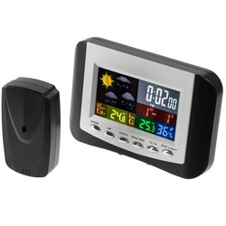 Часы-метеостанция с цветным дисплеем и внешним датчиком, в комплекте сетевой блок питания, пластик