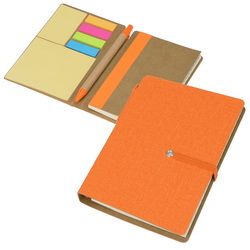 Набор: блокнот с блоком в линейку, ручка c корпусом из переработанного картона, разноцветные стикеры разных размеров, искусственная кожа, переработанный картон, пластик, бумага