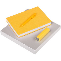 Подарочный набор: ежедневник недатированный А5 из материала с фактурой вельвета, белый блок, 336стр, ляссе желтого цвета., внешний аккумулятор 2000 мАч, шариковая ручка Prodir, искусственная кожа, пластик