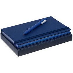 Набор: блокнот А5 с твердой обложкой и вертикальной резинкой, белый блок, 192 стр., синий срез, искусственная кожа с покрытием soft touch и шариковая ручка, пластик с покрытием soft touch в подарочной самосборной коробке из картона