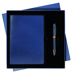 Подарочный набор "Modern" из 2х предметов: недатированный ежедневник Portobello Trend River Side, синяя обложка, оранжевый форзац, арт. 48361319 и ручка "Сontrast blue" с оранжевой отделкой , арт. 33329713 в синей картонной коробке �