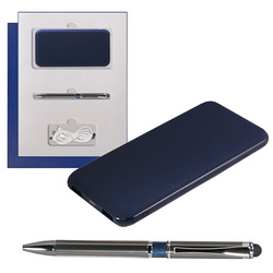 Подарочный набор "Эриче" из 2-х предметов: внешний аккумулятор 10000 mAh, пластик, ручка шариковая со стилусом, металл в подарочной коробке с ложементом, в комплекте кабель USB-Kaбель 3-B-1: micro USB, iPhone 5/6/7/8/X, Type C