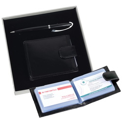 Набор: футляр для визитных и кредитных карточек, шариковая ручка, кожа, металл, в подарочной коробке, цвет черный