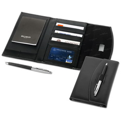 Набор офисный: ручка шариковая с кожаной отделкой и блокнот в футляре с отделениями для кредитных карт, металл, кожзам, цвет черный