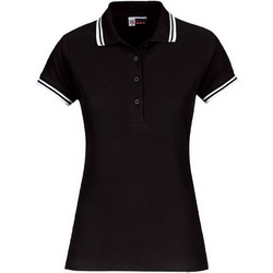 Рубашка-поло женская, L, с белой полосой на воротнике и манжетах, 100% хлопок, плотность 180 г/кв.м, цвет черный