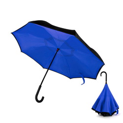 Обратный механический зонт-трость, складываясь после дождя, мокрая поверхность уходит внутрь, ручка с покрытием софт-тач, в чехле, двухслойная двухцветная ткань эпонж, каркас - металл, спицы - стеклопластик, цвет синий с черным