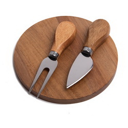 Набор для сыра: круглая доска, нож для твердого сыра и вилка в коробке из крафтового картона с ложементом, нержавеющая сталь, дерево-акация