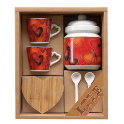 Чайный набор "С любовью", сахарница, 2 чашки, 2 ложки, 2 подставки, керамика, дерево