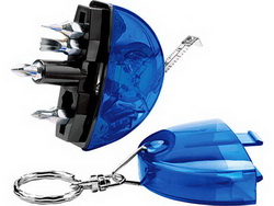 Брелок-рулетка с набором отверток и фонариком, синий-прозрачный