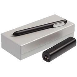 Подарочный набор: внешний аккумулятор 2200 мАh и шариковая ручка в подарочной коробке с ложементом, пластик, металл