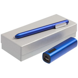 Подарочный набор: внешний аккумулятор 2200 мАh и шариковая ручка в подарочной коробке с ложементом, пластик, металл