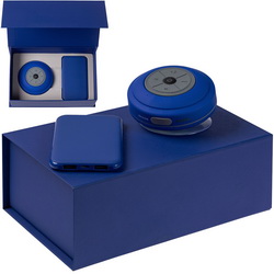 Подарочный набор: внешний аккумулятор 5000 мАh и беспроводная колонка с подсветкой в подарочной коробке с ложементом, пластик с покрытием софт-тач