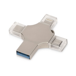 Флеш-карта USB, 3.0 на 32 Гб 4-в-1 в подарочной упаковке, 4 актуальных разъема: USB, micro USB, USB-C (Type-C) и Lightning, металл