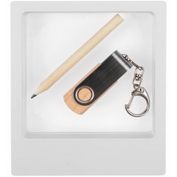 Набор Эко: флеш-карта 8 Gb с карабином, дерево, металл, 5,4х0,9х1,8 см и простой карандаш, дерево, 8,5х0,7 см, в подарочной коробке с прозрачным окном, пластик