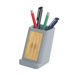 Подставка "Stone" для ручек с беспроводным зарядным устройством 5W, встроенный кабель USB 100 см, камень, бамбук