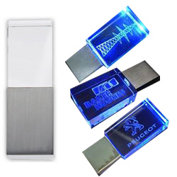 Флэш-карта 16Gb, стекло, серебристый металл, с синей подсветкой и лазерной гравировкой 3D