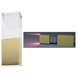 Флэш-карта 16Gb, стекло, золотистый металл, с красной подсветкой и лазерной гравировкой 3D