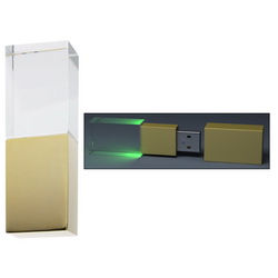 Флэш-карта 16Gb, стекло, золотистый металл, с зеленой подсветкой и лазерной гравировкой 3D