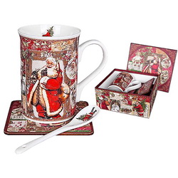 Новогодний чайный набор "Дед Мороз" в подарочной коробке: кружка, ложка, подставка, фарфор