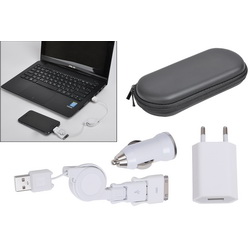 Набор переходников и зарядных устройств: кабель 80 см, разъемы: iPnone 4, iPhone 5/6 и micro USB, в подарочном пенале, пластик