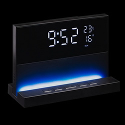 Зарядная станция-часы-будильник-календарь-термометр-ночник с функцией беспроводной и проводной зарядки устройств и разноцветной подсветкой, пластик