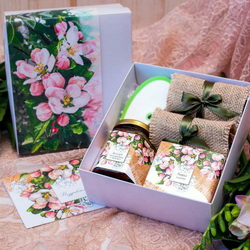 Набор "Яблоневый цвет" в подарочной коробке: десерт облепиховый, 200г, вишня вяленая, 50г, травяной чай, 10г, шиповник, 50г, блок для записей, открытка
