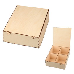 Подарочная коробка из 4-х секций, крышка коробки фиксируется деревянными замочками, березовая фанера, 3 мм