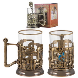 Чайный подарочный набор: подстаканник с символикой Газпрома, тонкостенный стакан, 250 мл и ложка, художественное литье, латунь, стекло, эмаль