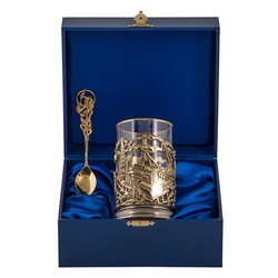 Чайный набор в подарочной коробке из дерева, обтянутой бумвинилом: подстаканник с изображением нефтяной вышки, тонкостенный стакан, 250 мл и ложка, художественное литье, латунь, стекло