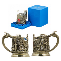 Чайный подарочный набор: подстаканник с гербом нефтяников и газовиков, хрустальный стакан и ложка, точное объемное литье, бронза, стекло, эмаль