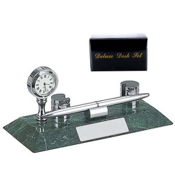 Настольный набор "Час пик" с ручкой, держателем для визиток и часами на мраморной подставке, металл, мрамор