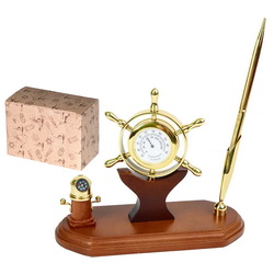 Настольный набор "Субмарина": барометр, термометр, ручка шариковая, в подарочной коробке, дерево, латунь