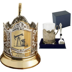 Набор чайный "Нефтянику": подстаканник (никель, позолота), стакан хрустальный, ложка, в подарочной коробке