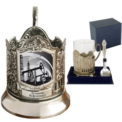 Набор чайный "Нефтянику": подстаканник (никель, чернение, сублимация), стакан тонкостенный, ложка, в подарочной коробке